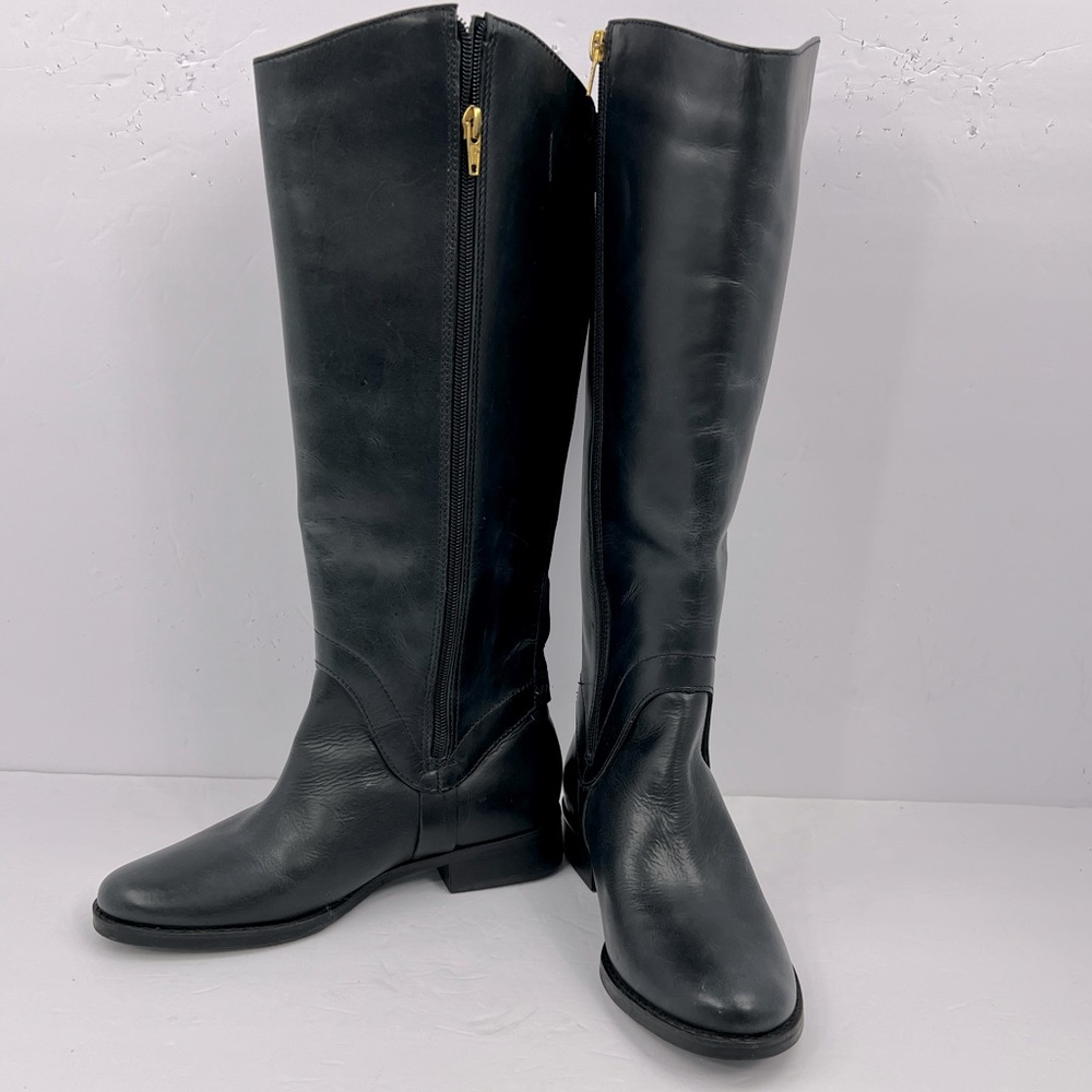 STEVEN BY STEVE MADDEN, LEATHER ZIPPER KNEE HIGH RIDING BOOTS, BLACK SIZE 6W